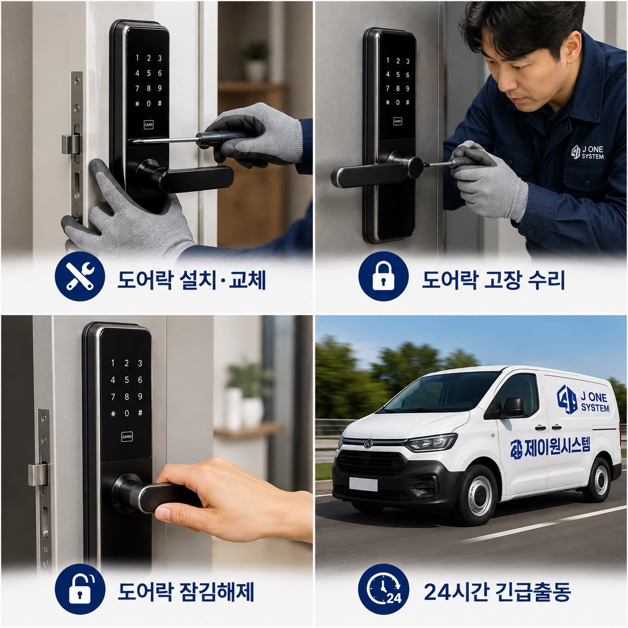 포제이 도어락 서비스 상세 — 도어락 설치·교체, 고장 수리, 잠김해제, 24시간 긴급출동